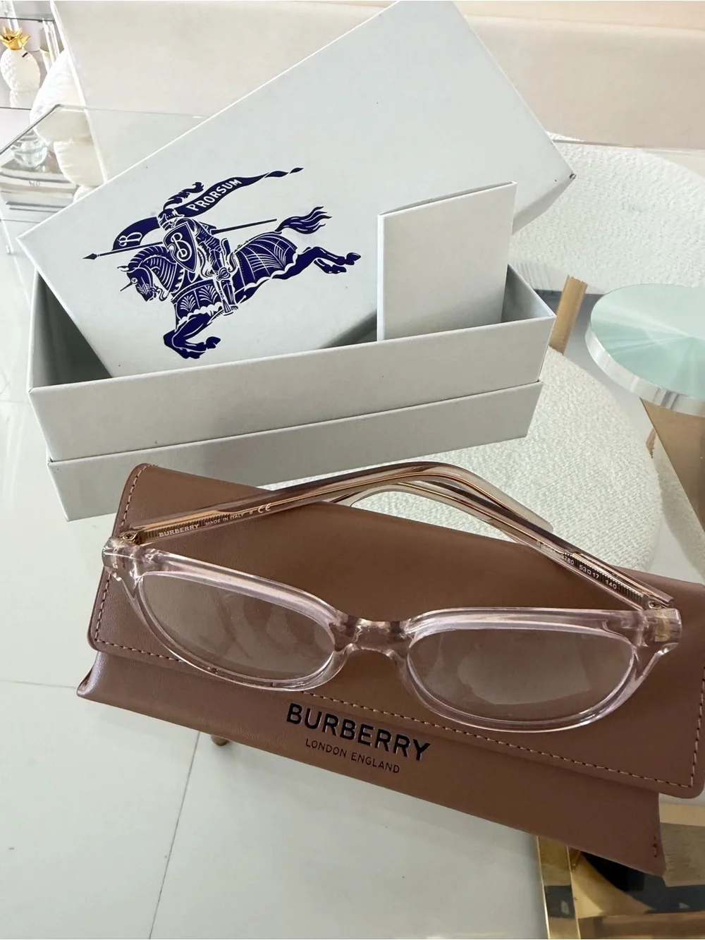 Burberry Clear Pink Rectangular Frame Glasses